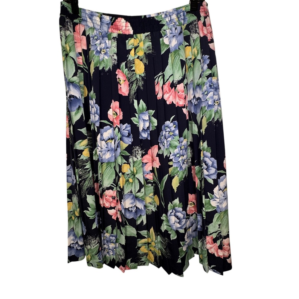 Alfred Dunner Floral Pleated Midi Skirt Womens 12P Navy Blue Pink Elastic Waist - Picture 8 of 9